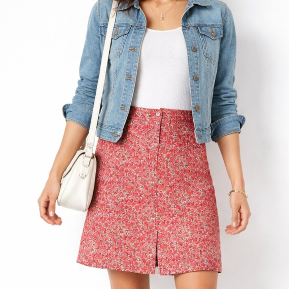 Casual Feminine Bright Floral Knee Length Flattering Cute Cotton Skirt [size 10]